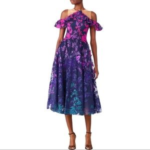 Marchesa Notte  ombre floral flutter sleeve dress midi length gown